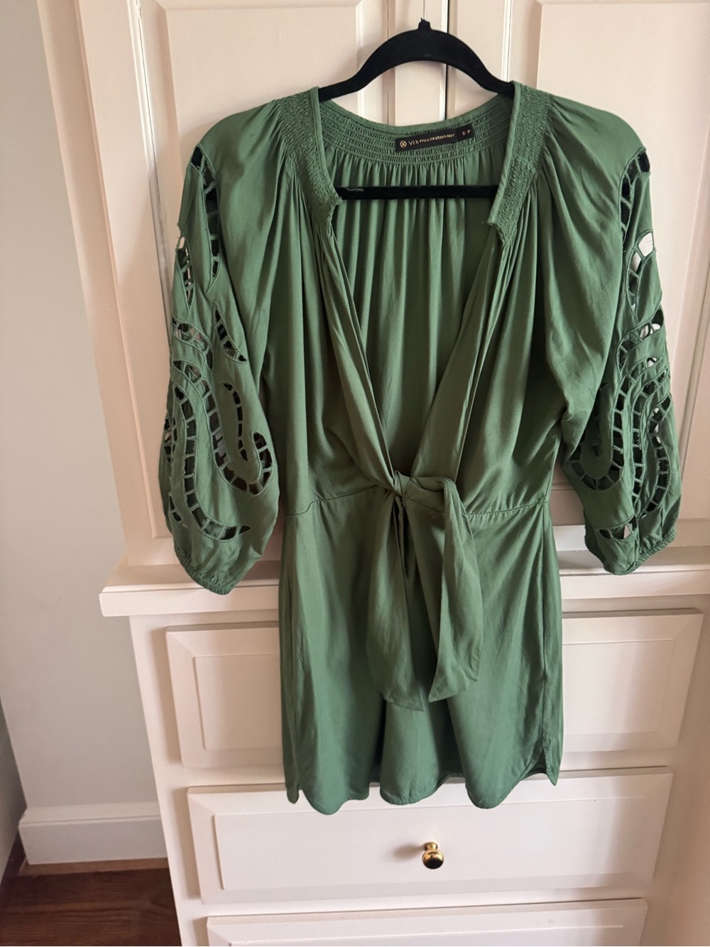 Vix Olive Green Tie-Front Tunic with Cutout Sleeve Detail